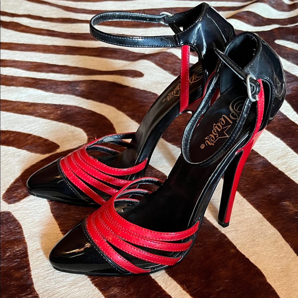 Pleaser Black and Red Strappy Fetish Pin Up Heels Ankle Strap heel 7 6” heel